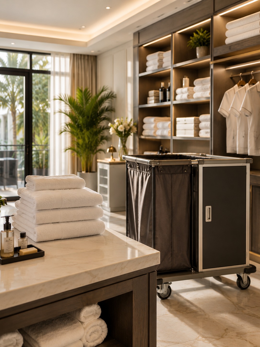 Housekeeping-Bereich mit gefalteten Handtüchern und Uniformen – Kategorie Housekeeping