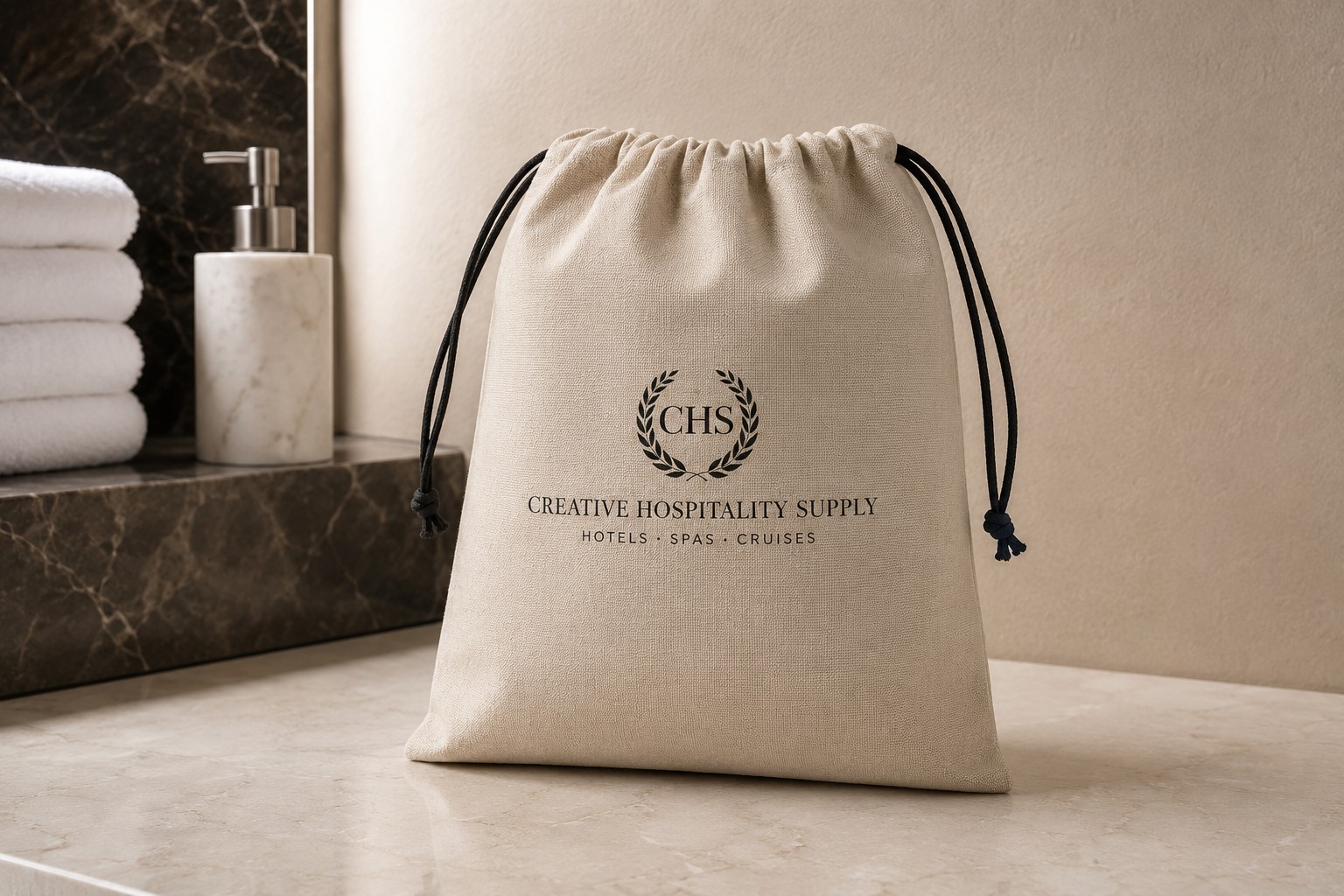 Beutel für Haartrockner mit CHS-Logo im Badezimmer
