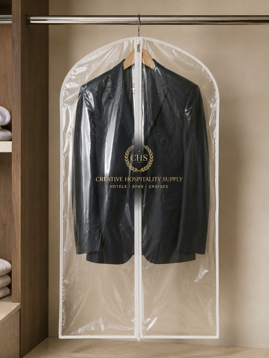 Jackenhülle mit CHS-Logo über einem Sakko im Kleiderschrank