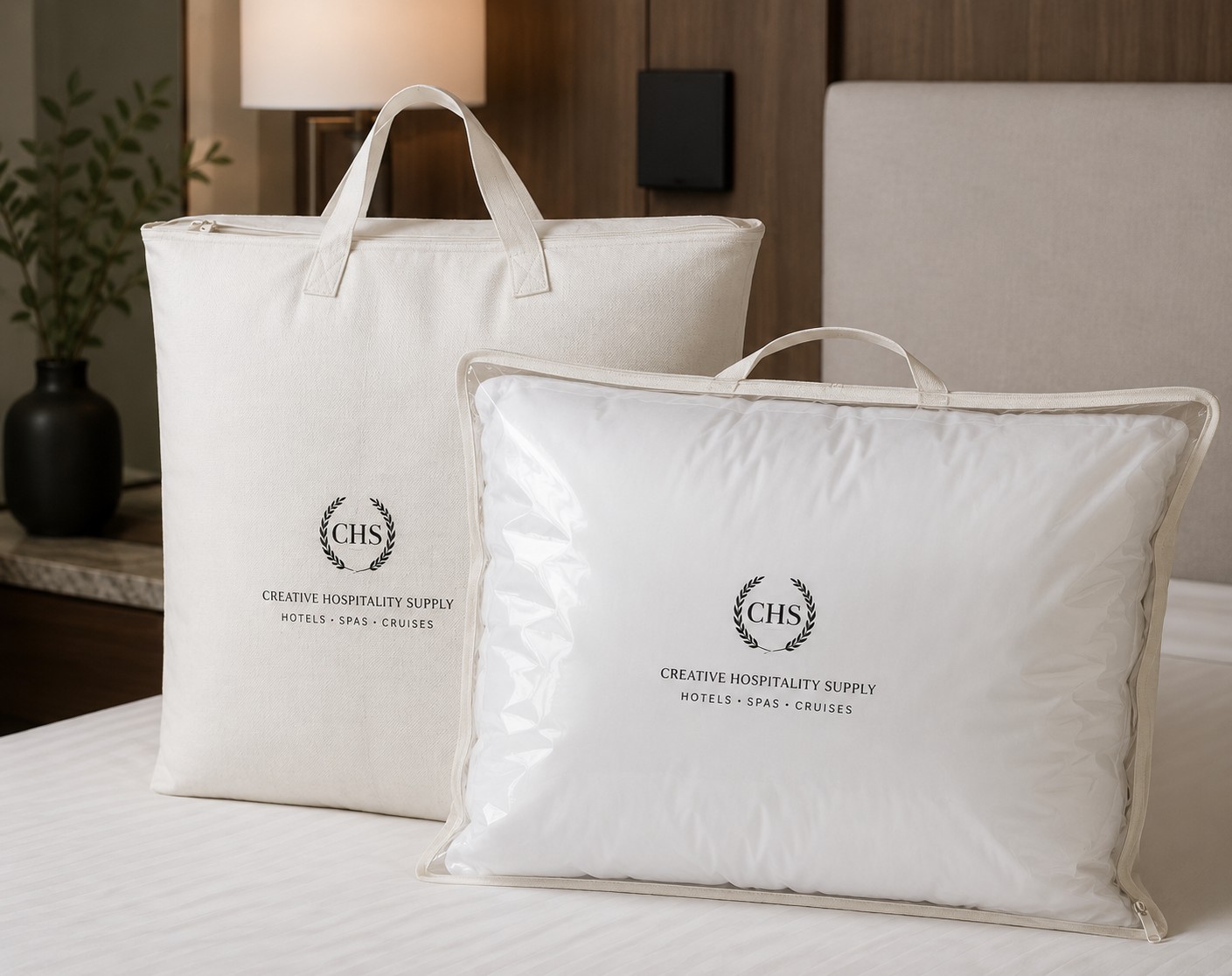 Kissen- und Deckenbeutel mit CHS-Logo auf einem Hotelbett
