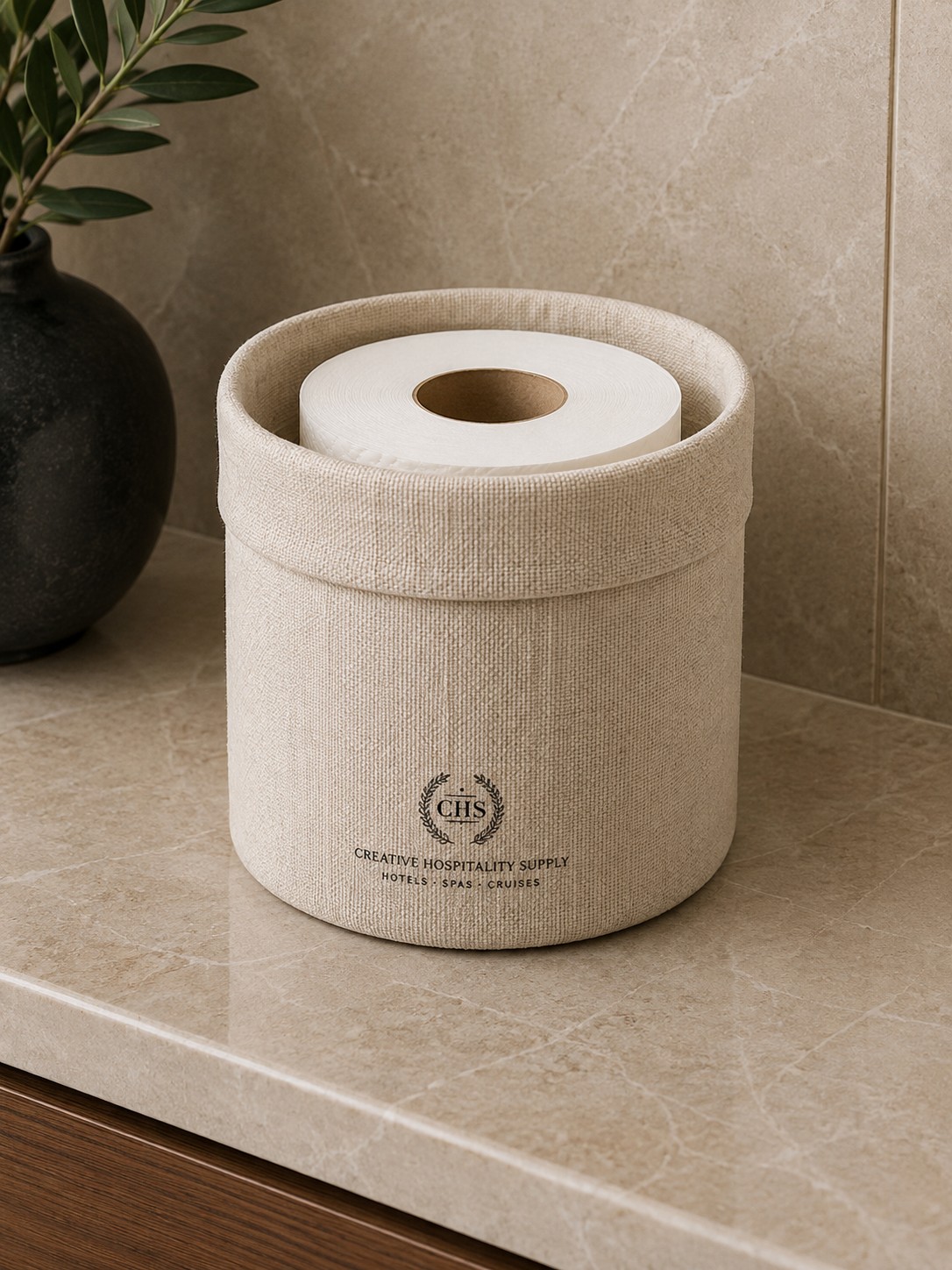 Beutel für Toilettenpapier mit CHS-Logo, Textilstoff, im Badezimmer